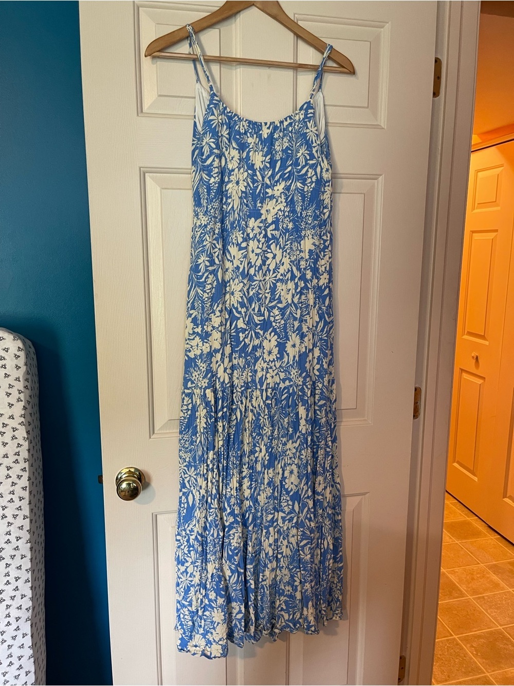 Blue & White Floral Tiered Midi Dress | Cottagecore Boho Sundress | Adjustable - Picture 6 of 9